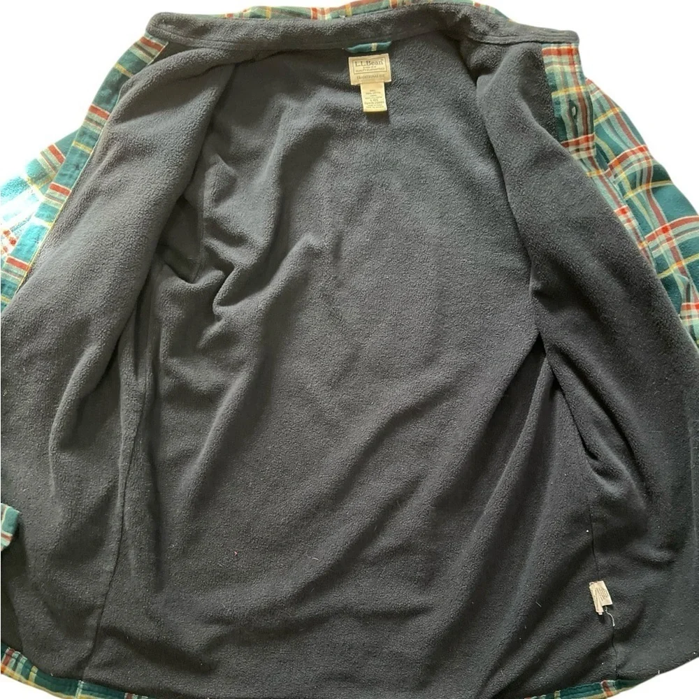 LL Bean Fleece Lined Flannel Shirt Jac Shacket Green Plaid Long Sleeve